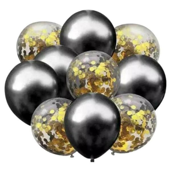 12-Inch Chrome Black & Gold Confetti Latex Balloons 10Pk  |   Balloon Bouquets