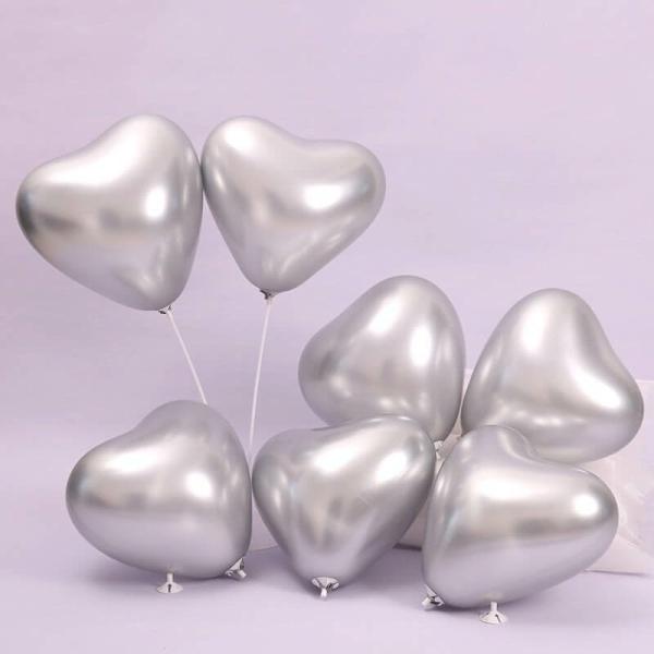 12-Inch Chrome Heart Latex Balloons 10Pk – Metallic Silver  |   Balloon Bouquets