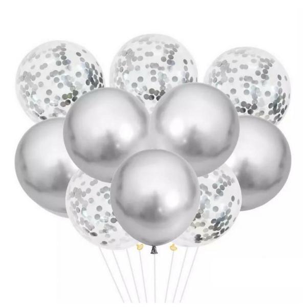 12-Inch Chrome Silver Confetti Latex Balloons 10Pk  |   Balloon Bouquets