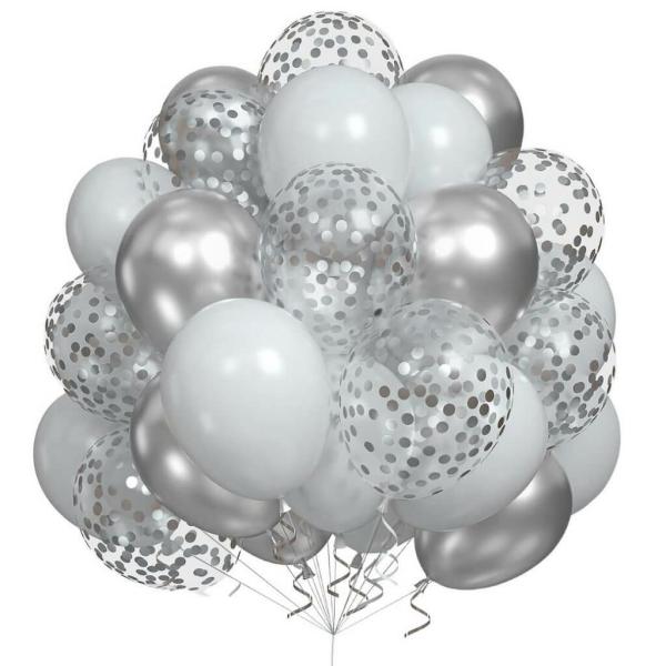 12-Inch Chrome Silver Confetti Latex Balloons 30Pk  |   Balloon Bouquets