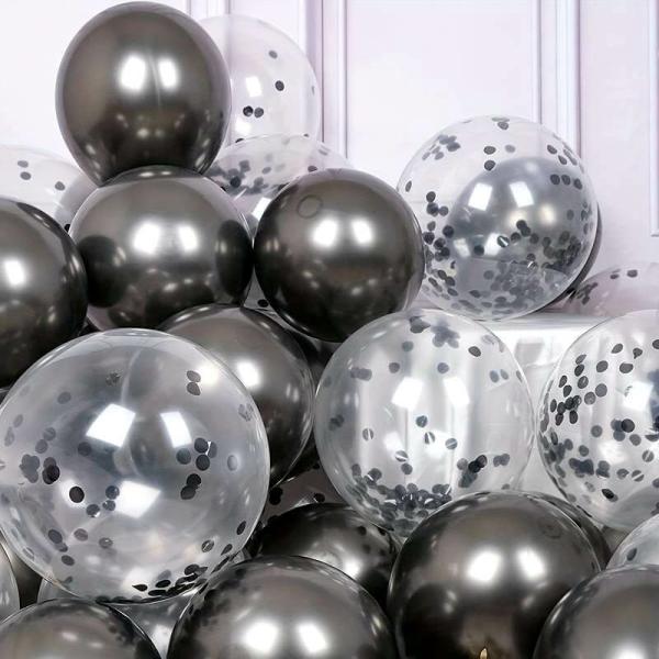 12-Inch Metallic Chrome Black Confetti Latex Balloons 10Pk  |   Balloon Bouquets