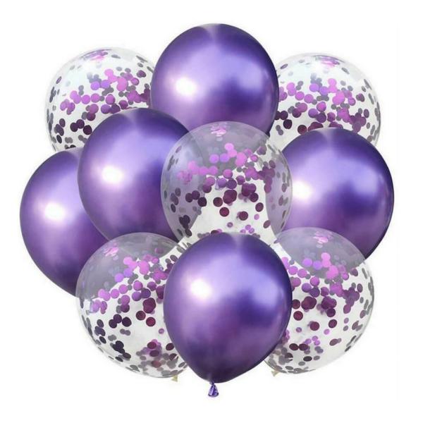 12-Inch Metallic Chrome Purple Confetti & Latex Balloon Bouquet 10Pk  |   Balloon Bouquets