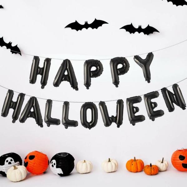 16-Inch Black Happy Halloween Foil Balloon Banner  |   Foil Balloon Phrases