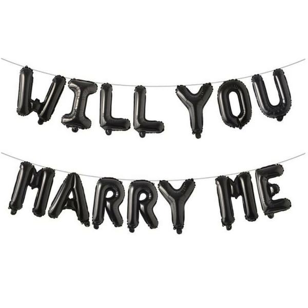 16-Inch Black Will You Marry Me Foil Balloon Banner  |   Foil Balloon Phrases