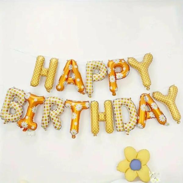 16-Inch Orange Daisy Floral Happy Birthday Foil Balloon Banner  |   Foil Balloon Phrases