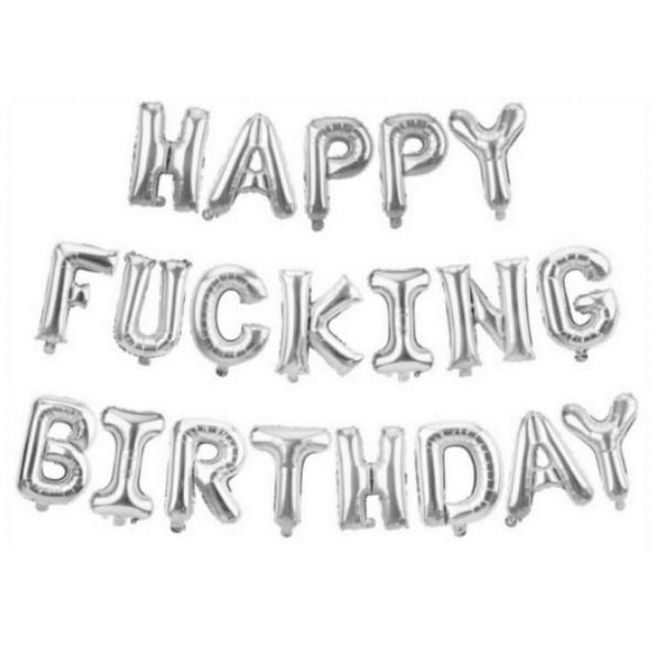 16-Inch Silver Happy F* Birthday Foil Balloon Banner  |   Foil Balloon Phrases