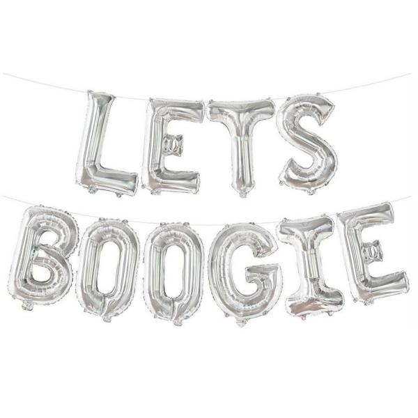 16-Inch Silver Lets Boogie Foil Balloon Banner  |   Foil Balloon Phrases