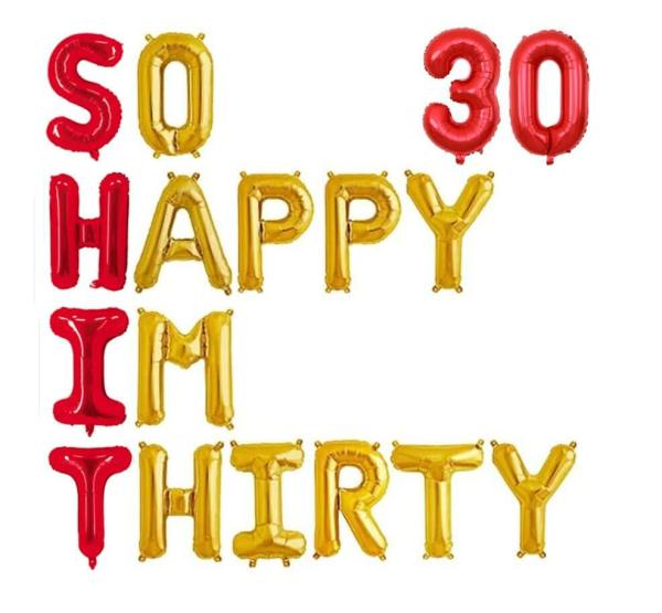 16" Red Gold So Happy Im Thirty 30 Foil Balloon Banner – Red 30  |   Party Banners