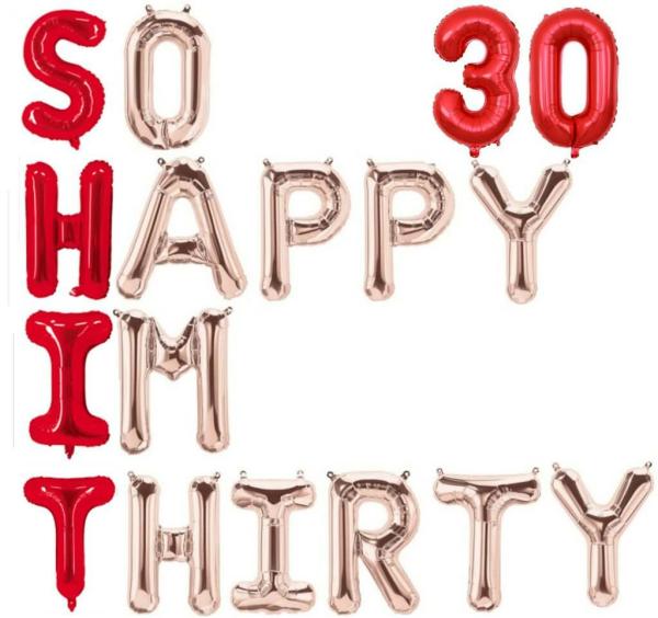 16" Red Rose Gold So Happy Im Thirty 30 Foil Balloon Banner – Red 30  |   Party Banners