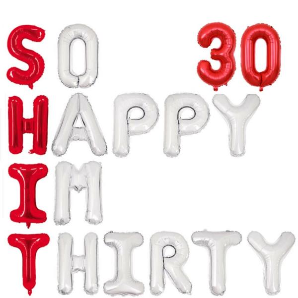 16" Red Silver So Happy Im Thirty 30 Foil Balloon Banner – Red 30  |   Party Banners