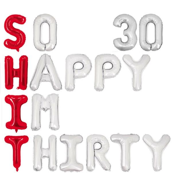 16" Red Silver So Happy Im Thirty 30 Foil Balloon Banner – Silver 30  |   Party Banners