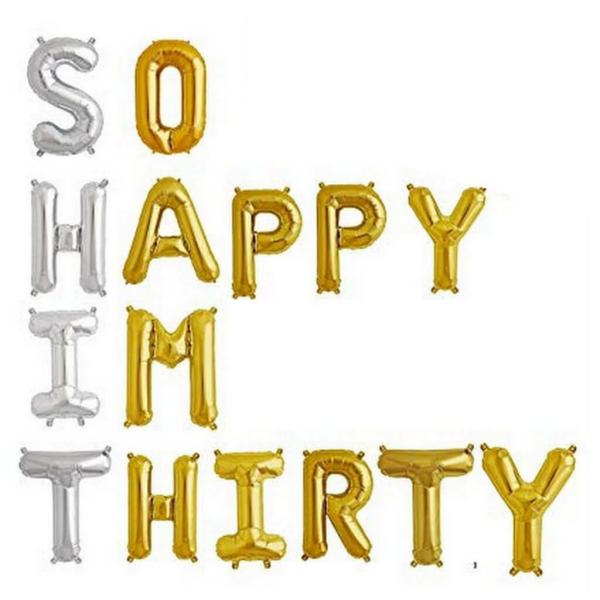 16" Silver Gold ‘so Happy Im Thirty’ Foil Balloon Banner  |   Party Banners