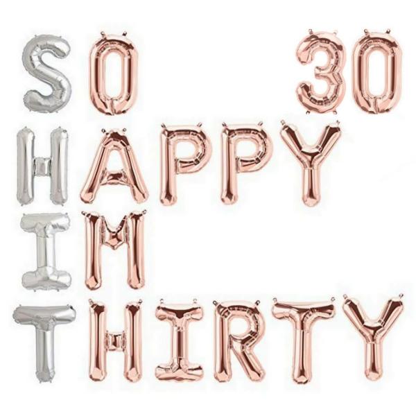 16" Silver Rose Gold So Happy Im Thirty 30 Foil Balloon Banner – Rose Gold 30  |   Party Banners