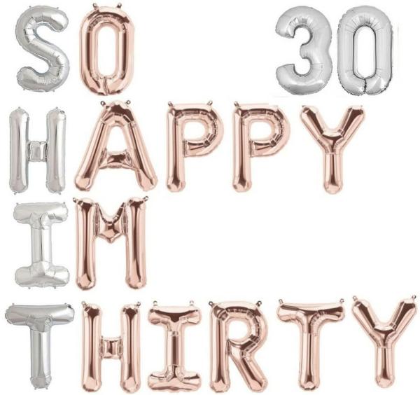 16" Silver Rose Gold So Happy Im Thirty 30 Foil Balloon Banner – Silver 30  |   Party Banners