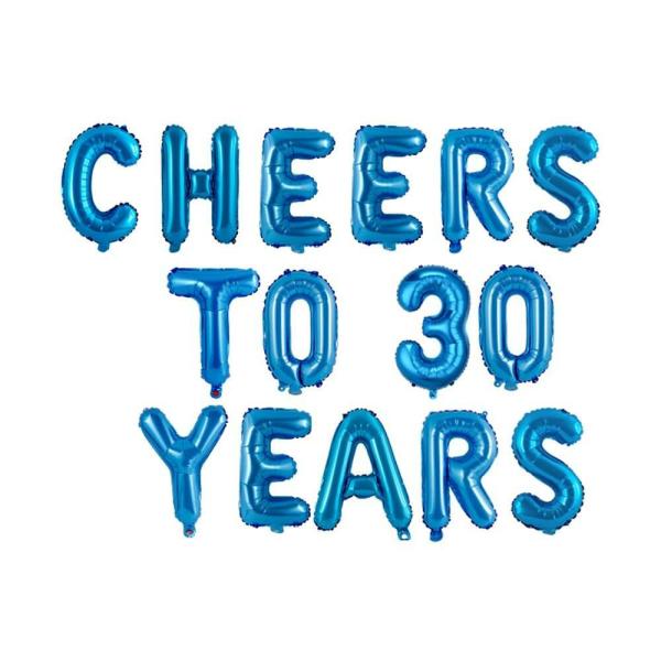 16In Blue Cheers To 30 Years Foil Balloon Banner  |   Foil Balloon Phrases