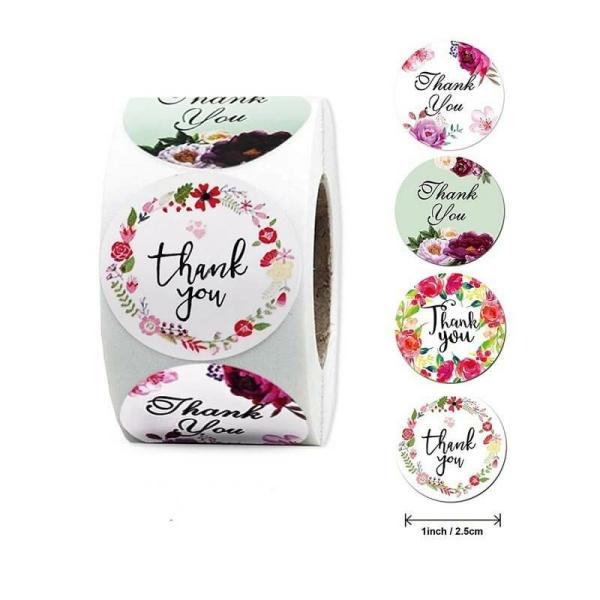 2.5Cm Colourful Floral Wreath Thank You Stickers 50Pk  |   Thank You Stickers