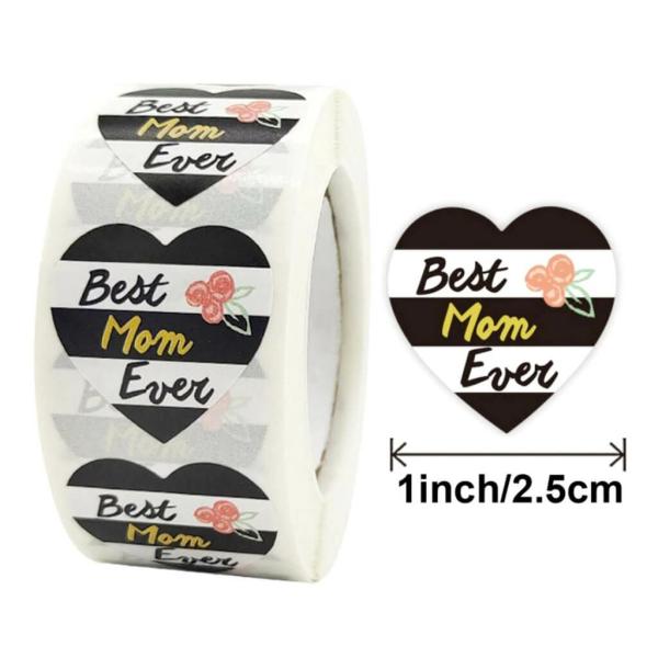 2.5Cm Heart Best Mom Ever Paper Stickers 50Pk – Black & White  |   Thank You Stickers