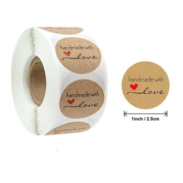 2.5Cm Kraft Paper Handmade With Love Red Heart Stickers 50Pk  |   Thank You Stickers