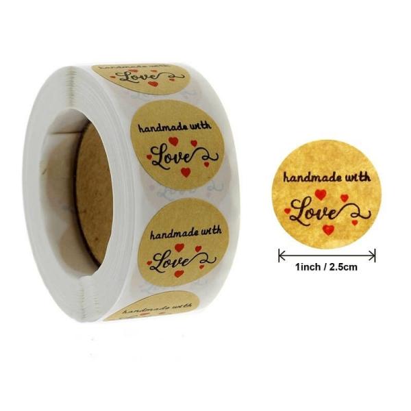 2.5Cm Kraft Paper Handmade With Love Red Hearts Stickers 50Pk  |   Thank You Stickers