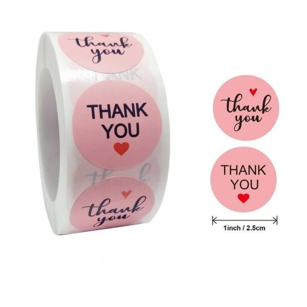 2.5Cm Round Baby Pink Thank You Red Heart Stickers 50Pk  |   Thank You Stickers