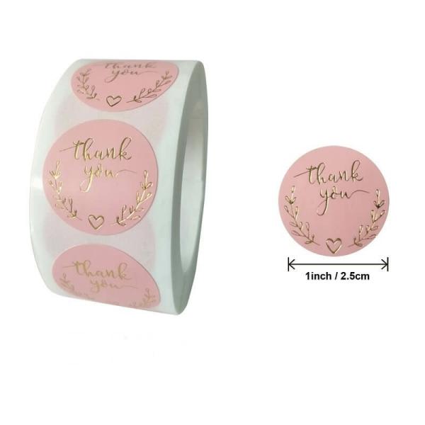 2.5Cm Round Baby Pink Wheat Wreath Thank You Gold Print Stickers 50Pk  |   Thank You Stickers