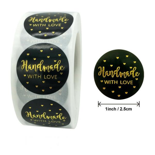 2.5Cm Round Black Handmade With Love Gold Heart Stickers 50Pk  |   Thank You Stickers