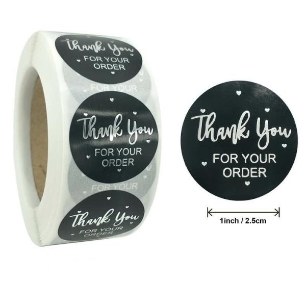 2.5Cm Round Black Thank You For Your Order Silver Print Stickers 50Pk  |   Thank You Stickers