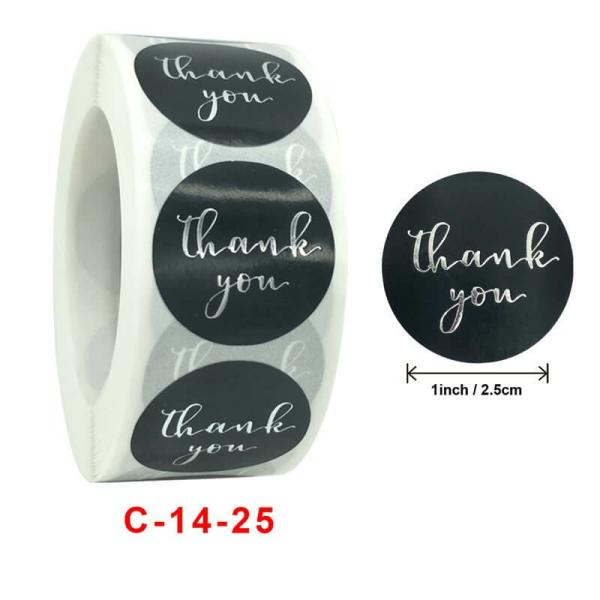 2.5Cm Round Black Thank You Silver Print Stickers 50Pk  |   Thank You Stickers