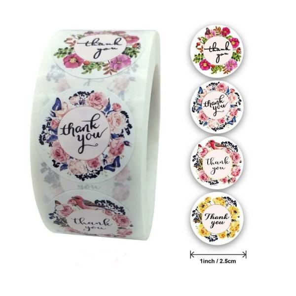 2.5Cm Round Colourful Floral Wreath Thank You Stickers 50Pk  |   Thank You Stickers