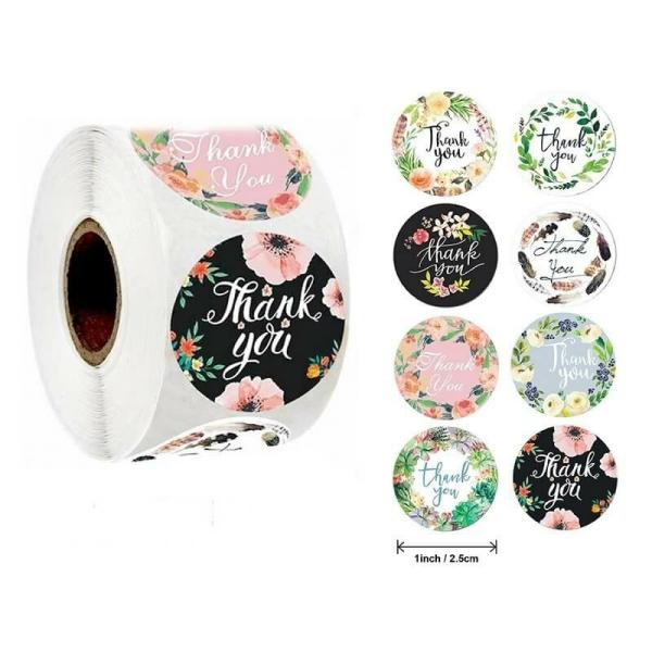 2.5Cm Round Floral Wreath Thank You Stickers 6 Designs 50Pk  |   Thank You Stickers