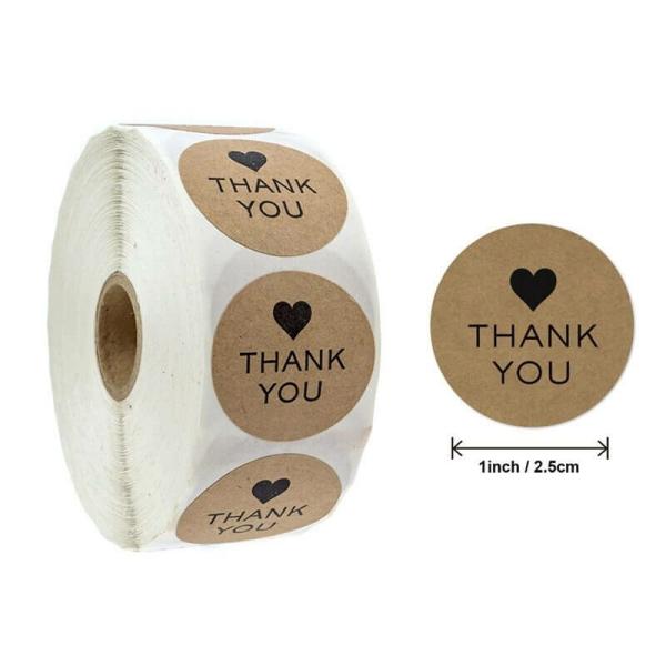 2.5Cm Round Kraft Paper Thank You Black Heart Stickers 50Pk  |   Thank You Stickers