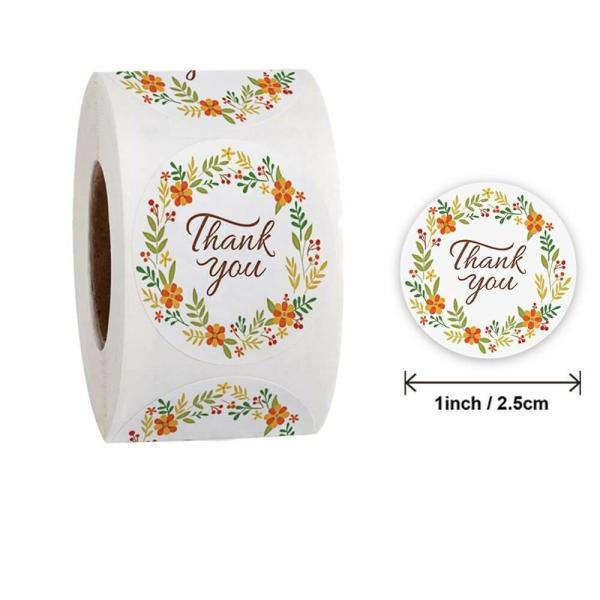 2.5Cm Round Orange Floral Wreath Thank You Stickers 50Pk  |   Thank You Stickers