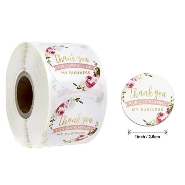 2.5Cm Round Pink Peony Wreath Thank You Stickers 50Pk  |   Thank You Stickers