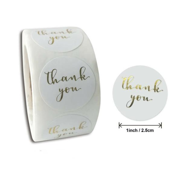 2.5Cm Round White Thank You Gold Print Stickers 50Pk  |   Thank You Stickers