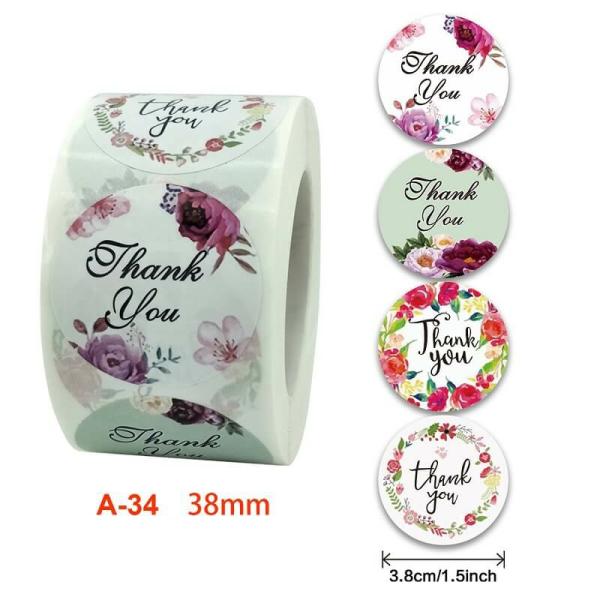 3.8Cm Colourful Floral Wreath Thank You Stickers 50Pk  |   Thank You Stickers