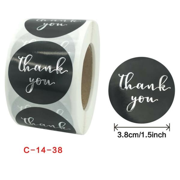 3.8Cm Round Black Thank You Silver Print Stickers 50Pk  |   Thank You Stickers