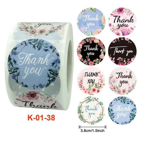 3.8Cm Round Colourful Floral Wreath Thank You Stickers 50Pk  |   Thank You Stickers