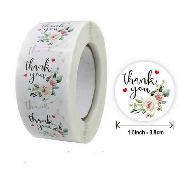 3.8Cm Round Peony Wreath Thank You Stickers 50Pk  |   Thank You Stickers