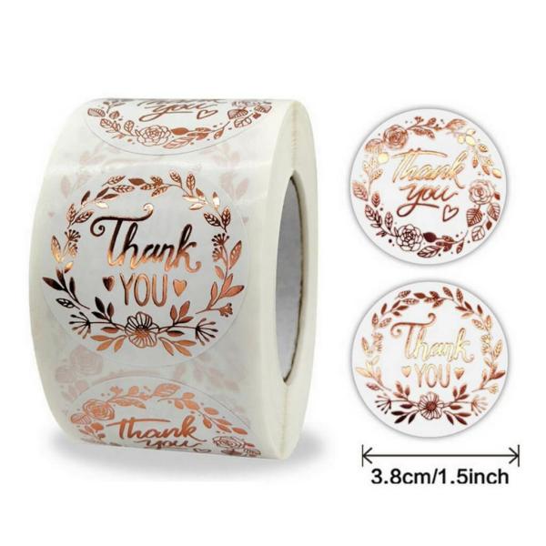 3.8Cm White Thank You Floral Wreath Rose Gold Print Stickers 50Pk  |   Thank You Stickers