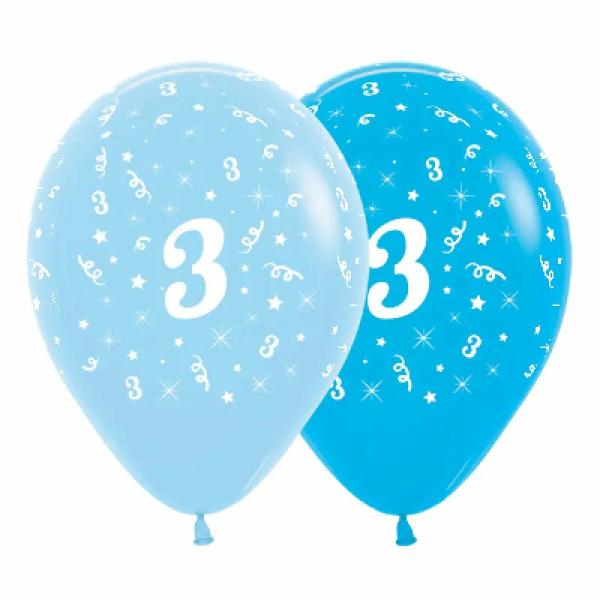 30Cm Age 3 Blue & Royal Blue Latex Balloons 6Pk  |   Printed Balloons