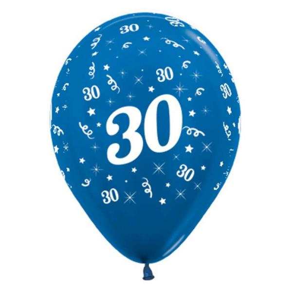 30Cm Age 30 Metallic Blue Latex Balloons 6Pk  |   Printed Balloons