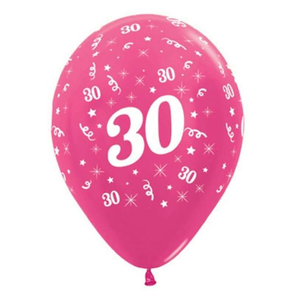 30Cm Age 30 Metallic Fuchsia Latex Balloons 6Pk  |   Printed Balloons