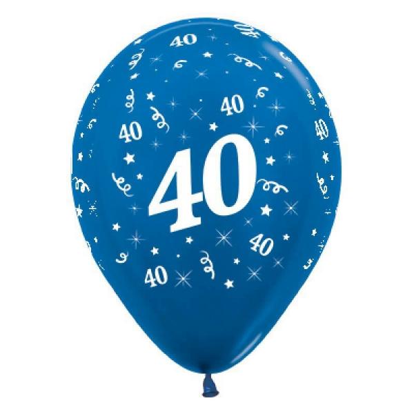 30Cm Age 40 Metallic Blue Latex Balloons 6Pk  |   Printed Balloons