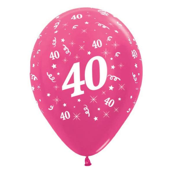 30Cm Age 40 Metallic Fuchsia Latex Balloons 6Pk  |   Printed Balloons