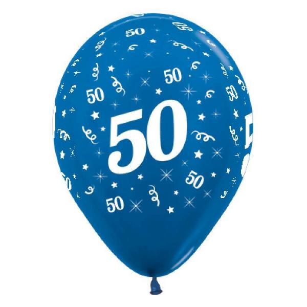 30Cm Age 50 Metallic Blue Latex Balloons 6Pk  |   Printed Balloons