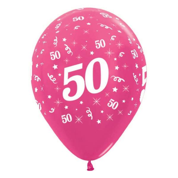 30Cm Age 50 Metallic Fuchsia Latex Balloons 6Pk  |   Printed Balloons