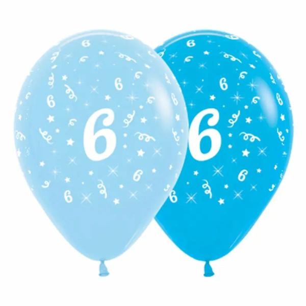 30Cm Age 6 Blue & Royal Blue Latex Balloons 6Pk  |   Printed Balloons