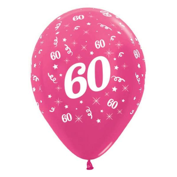 30Cm Age 60 Metallic Fuchsia Latex Balloons 6Pk  |   Printed Balloons