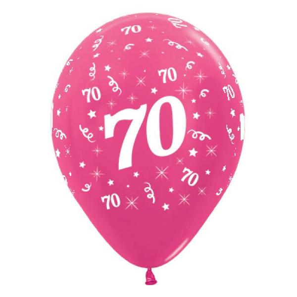 30Cm Age 70 Metallic Fuchsia Latex Balloons 6Pk  |   Printed Balloons