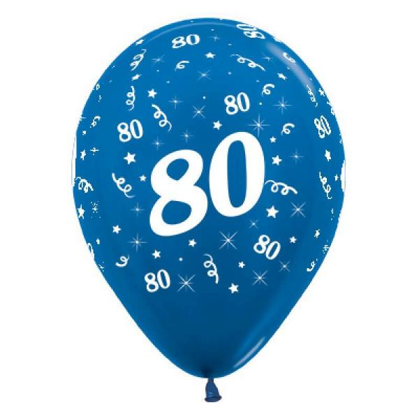 30Cm Age 80 Metallic Blue Latex Balloons 6Pk  |   Printed Balloons